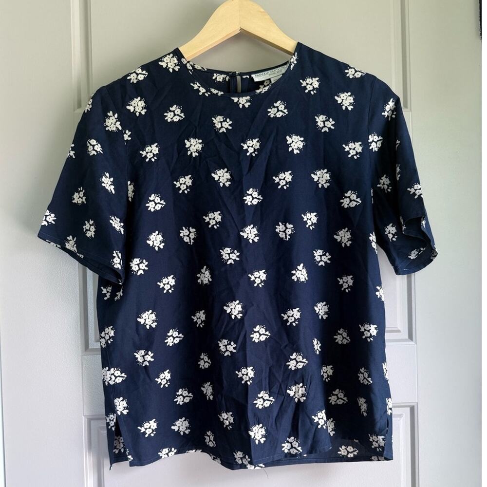 AMANDA SMITH vintage petites navy blue cream floral short sleeve 100% silk top
